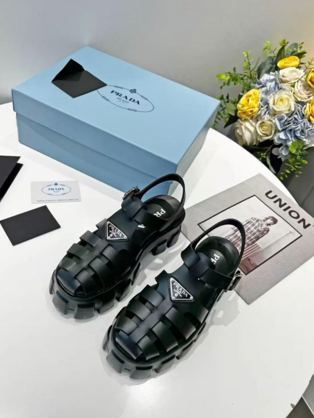 Prada Black Leather Woven Closed‑Toe Chunky Platform Ankle‑Buckle Sandals